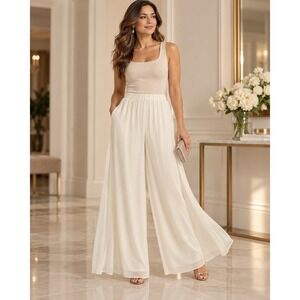 Prelude Wm's L Ivory Chiffon Overlay Palazzo Pants Elastic Waist Wide Leg Dress